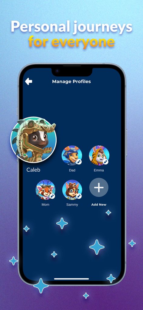 TruPlay Christian Games - A mobile phone screen showing the Manage Profiles section of the TruPlay app with different family member avatars for personalized experiences.