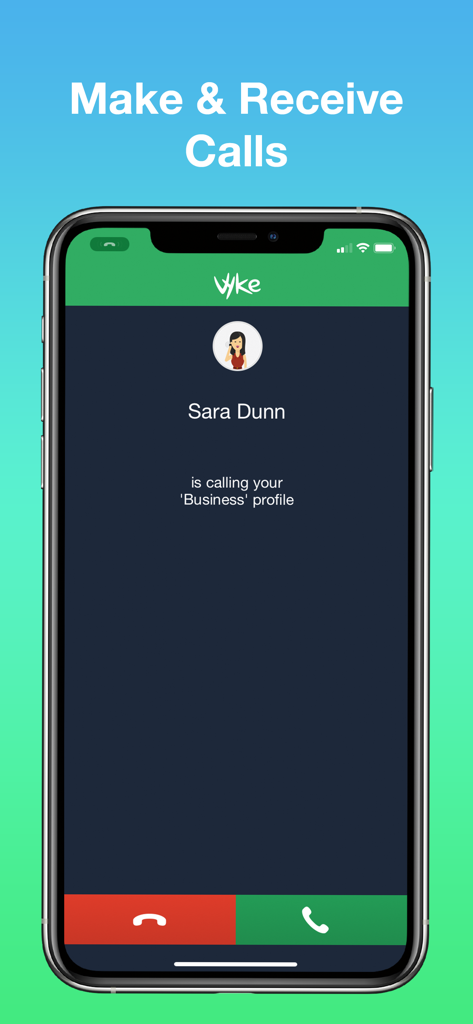 Vyke: Second Phone Number - Incoming call on the Vyke app showing a business profile notification