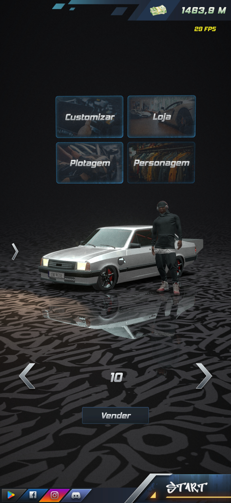 Project Xtreme - Menú del juego móvil Project Xtreme mostrando un sedán plateado y un personaje con ropa de calle con opciones de personalización