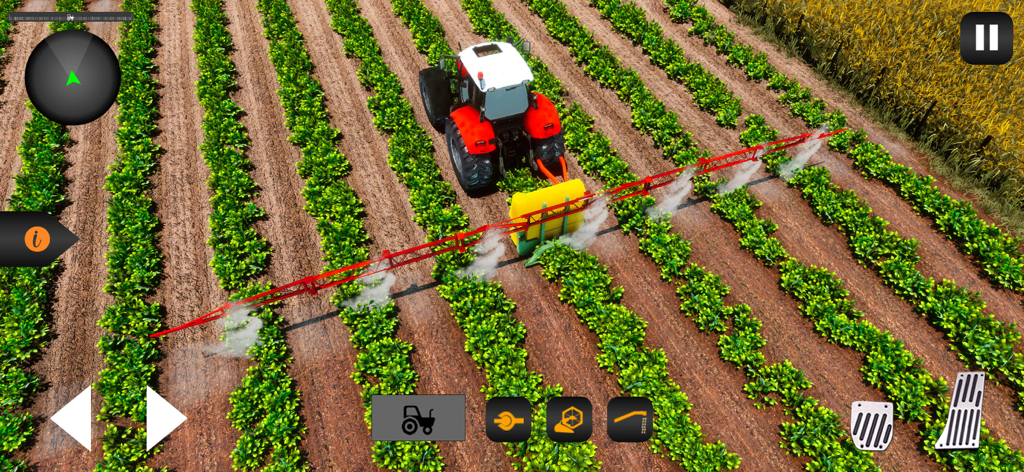 Tractor Farming Simulator 23 - Vista cenital de un tractor rojo rociando cultivos verdes en un juego de simulación de agricultura