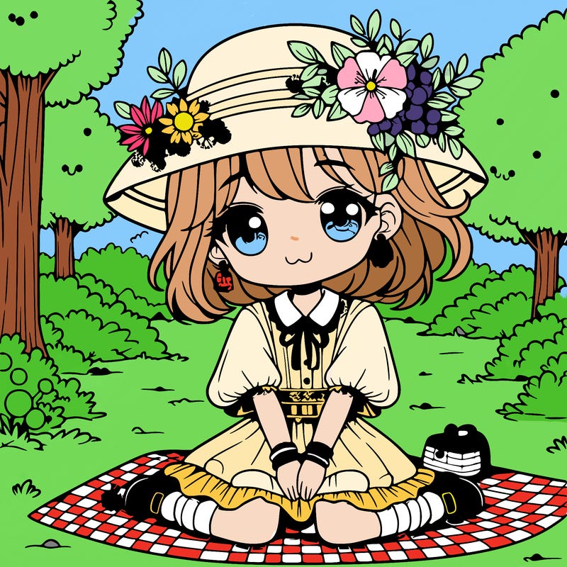 anime girl sitting in a forest wearing a flower hat has earings and nose pierce and she is wearing a short dress sitting on a carpet