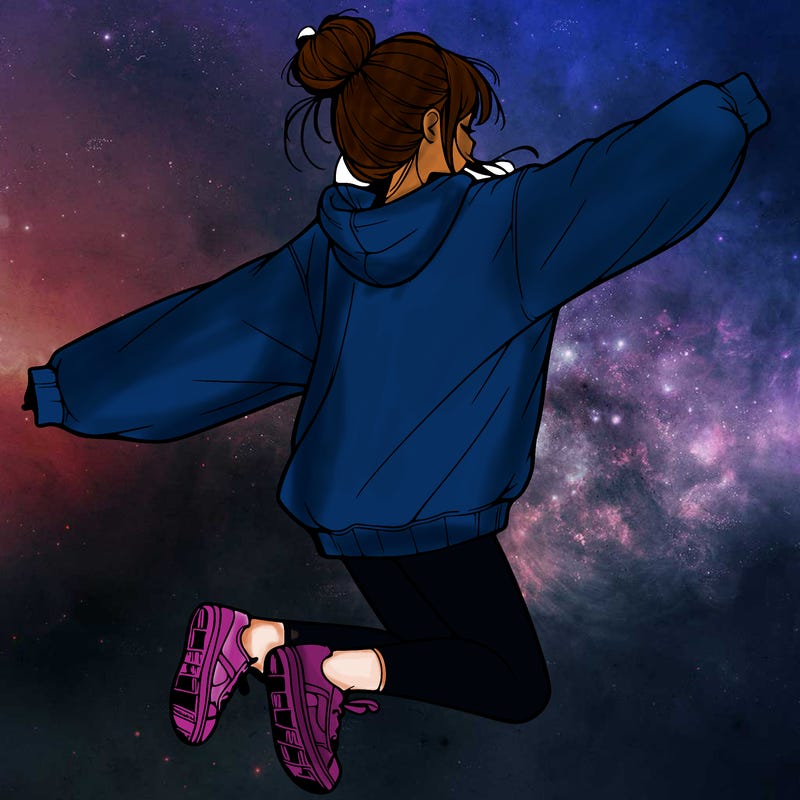 realistic girl jumping with a bun and oversized sweatshirt