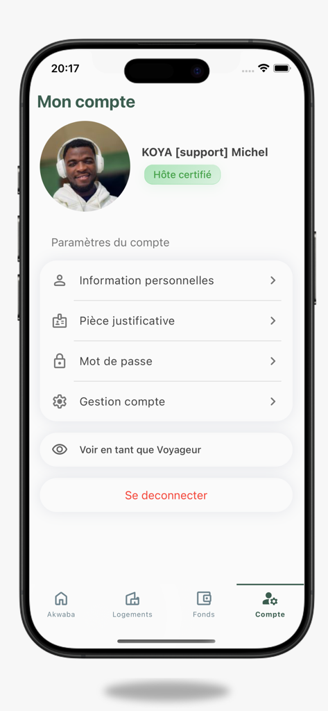 Awlo - Tela de configurações de perfil e conta do usuário do aplicativo móvel Awlo mostrando informações pessoais e opções de gerenciamento de conta em francês