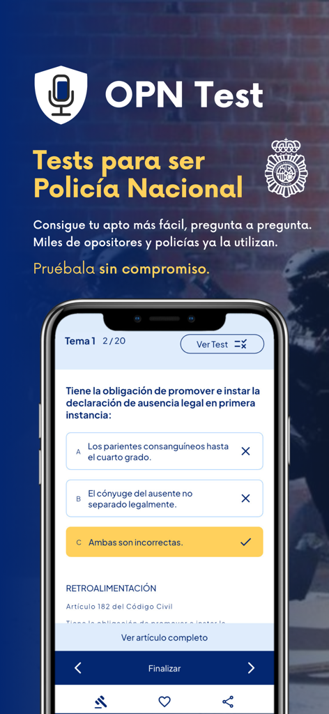 OPN Test Policía Nacional - Captura de pantalla de la aplicación móvil OPN Test para la preparación del examen de la Policía Nacional española mostrando una pregunta de opción múltiple sobre derecho