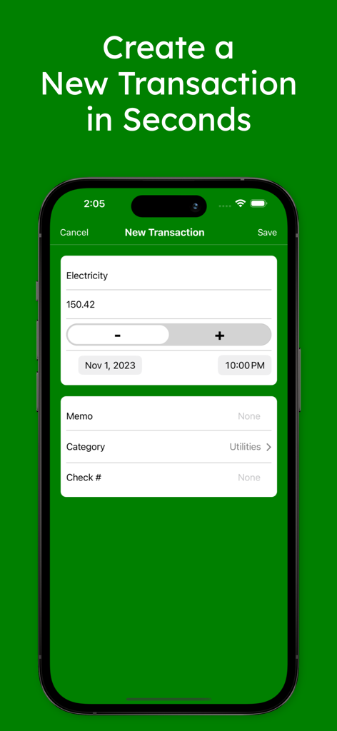 Interfaz de la aplicación The Checkbook que muestra la entrada de una nueva transacción para el pago de una factura de electricidad