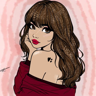 realistic girl with bangs looking over her shoulder