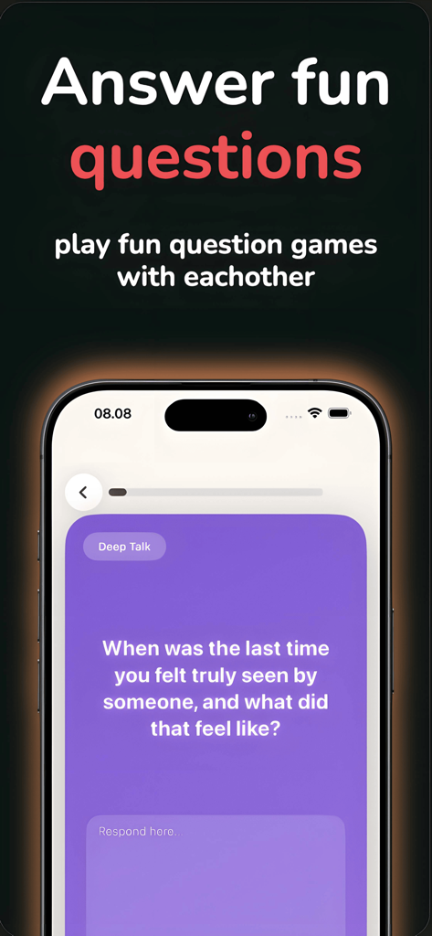 하트페어 앱은 커플을 위한 깊은 대화 기능으로 보라색 화면에 관계 질문을 보여줍니다.