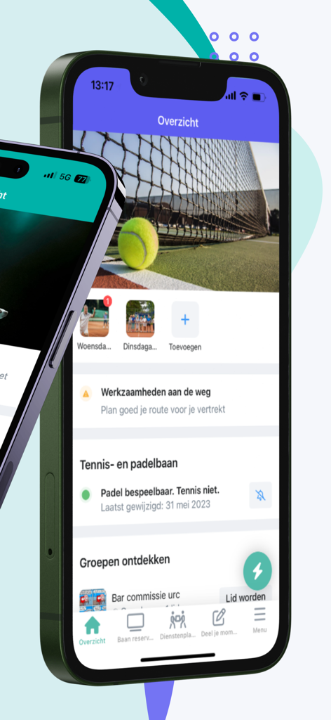 ClubApp - Smartphone screen showing the ClubApp dashboard with tennis court availability and community news
