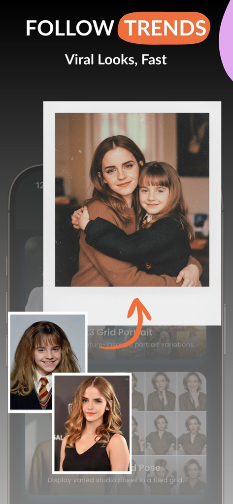 Banana Studio: AI Photo Edit - Captura de pantalla de la edición de fotos IA de Banana Studio que muestra una tendencia viral de una mujer abrazando a su yo más joven.