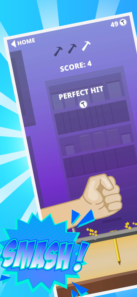 Hammer & Nail - Carpenter Hero - A screenshot of the Hammer and Nail game featuring a fist skin hitting a nail perfectly with a Smash text effect
