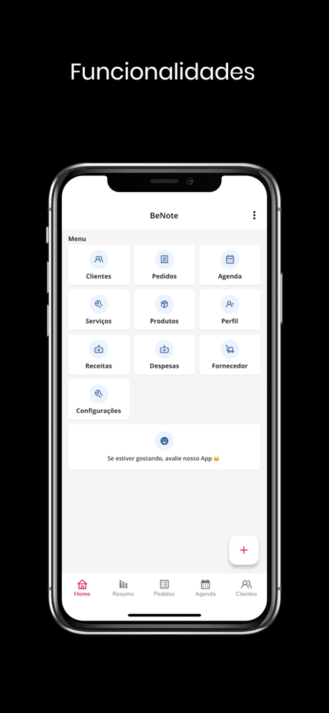 Pantalla del menú principal de la aplicación BeNote mostrando iconos para gestionar clientes, órdenes, agenda y servicios