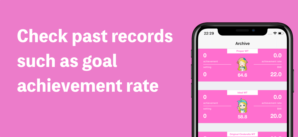 Weight measurement of princess - Pantalla de archivo de la aplicación Medición de peso de princesa que muestra las tasas de cumplimiento de objetivos y el IMC con avatares lindos