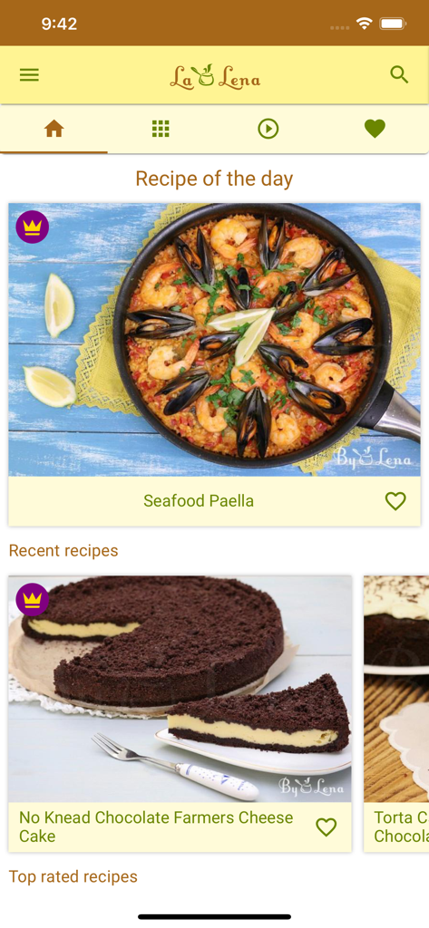 Home screen of the LaLena cooking app featuring recipe of the day seafood paella and recent recipes like chocolate farmers cheese cake