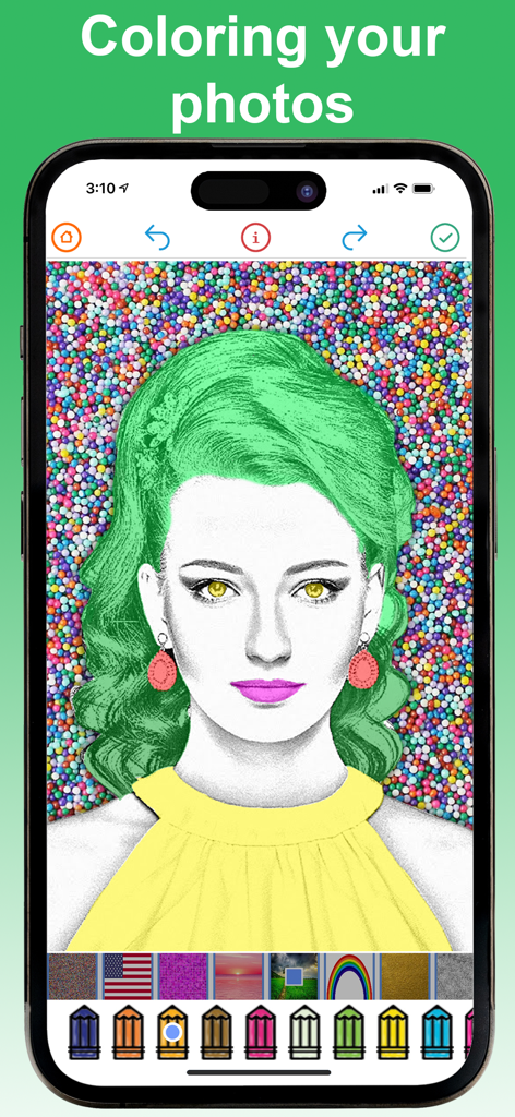 Turn Photo To Picture Coloring - Interfaccia dell'app che mostra una foto trasformata in uno schizzo colorato con matite digitali e texture