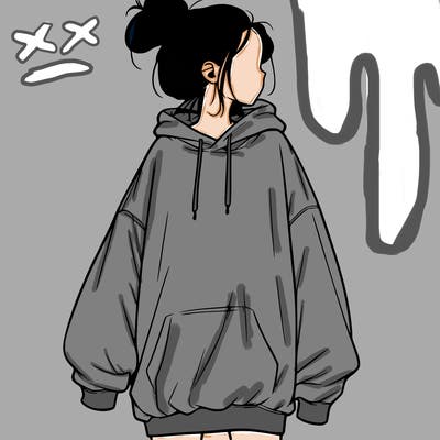 realistic girl with a oversized sweatshirt on and a bun