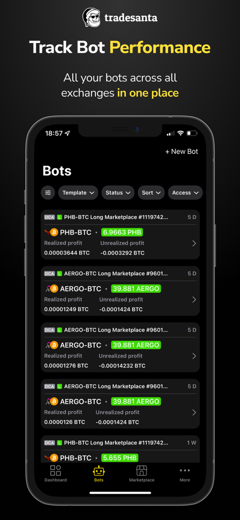 TradeSanta: Crypto Trading Bot - TradeSanta app interface showing a list of active trading bots and performance metrics for multiple cryptocurrency pairs