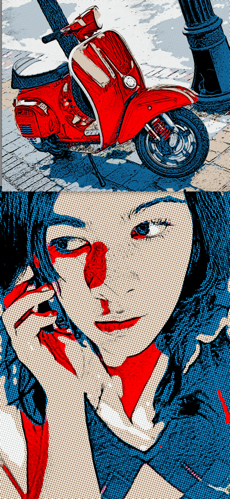 Pop Dot Comics - レトロコミックブックおよびポップアートフィルターで編集された赤いスクーターと女性のポートレート。