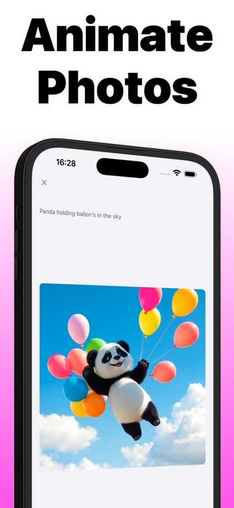 AI Kiss app interface showing the animate photos feature with an AI generated panda holding balloons