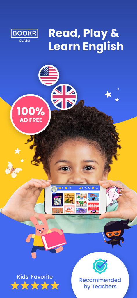 BOOKR Class Learn English - Una niña sosteniendo un teléfono inteligente que muestra la aplicación de aprendizaje de inglés BOOKR Class con libros de cuentos animados y juegos educativos