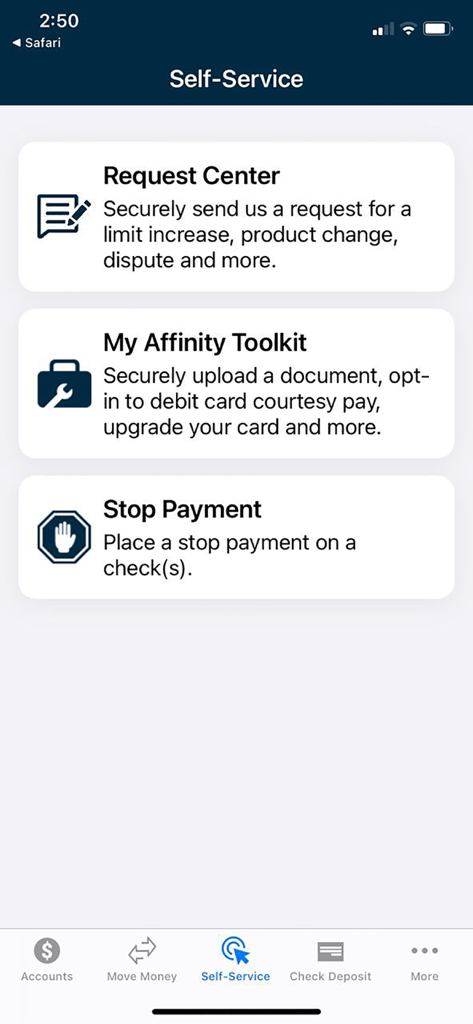 Affinity Federal Credit Union - Affinity Federal Credit Union mobile app self service screen displaying options for request center toolkit and stop payment