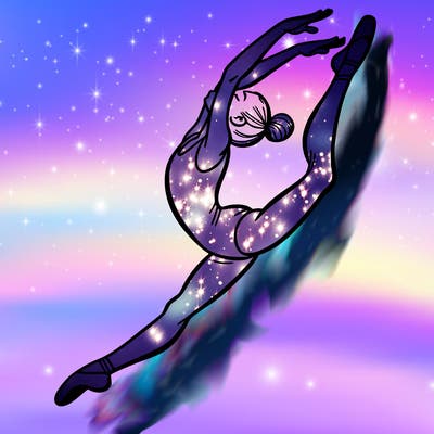 gymnast doing a leap in a leotard with a bent back leg