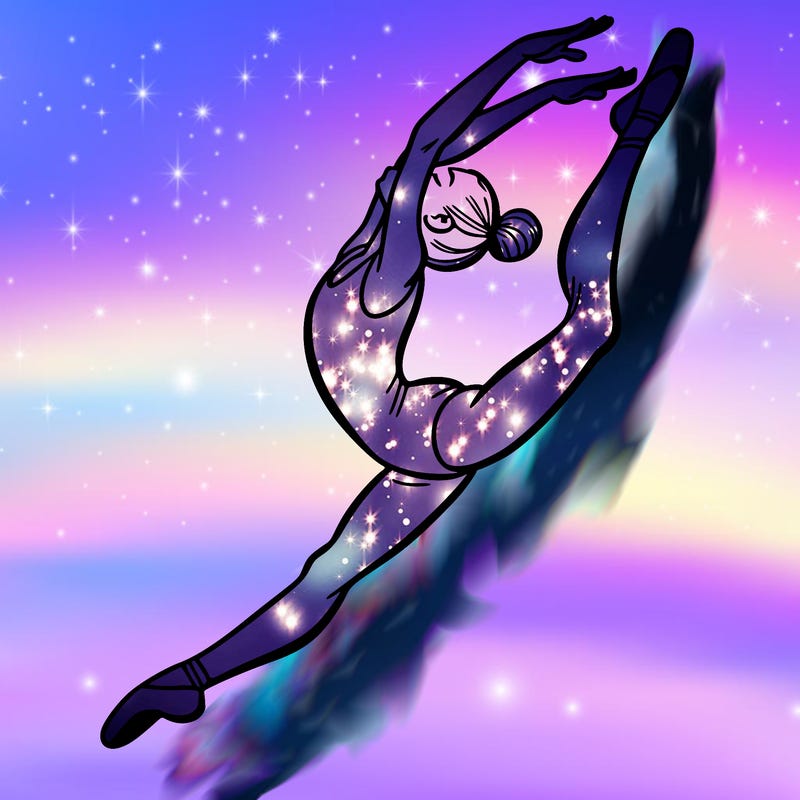 gymnast doing a leap in a leotard with a bent back leg