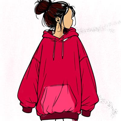 realistic girl with a oversized sweatshirt on and a bun