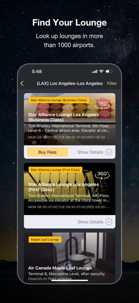 Schermata dell'app mobile che mostra un elenco di lounge aeroportuali disponibili all'aeroporto internazionale di Los Angeles per viaggiatori di business e prima classe.