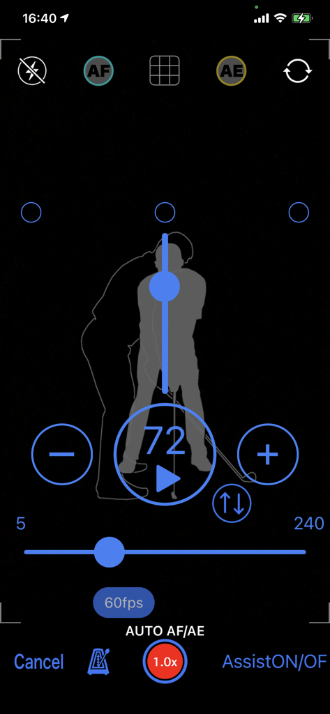 Golf Swing Check - Slow Movie - Golf Swing Check app camera interface featuring a golfer silhouette for alignment and tempo BPM settings