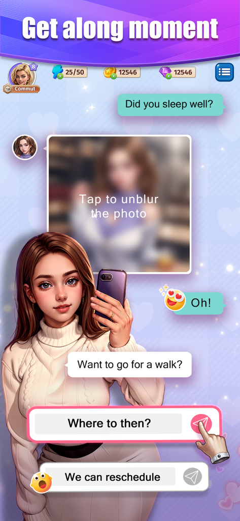 Lust Desire: Love Game - Interfaz de chat interactiva en Lust Desire Love Game con selfie del personaje y opciones de diálogo