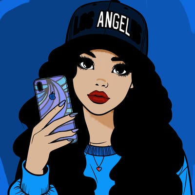 realistic beautiful girl wearing los ángeles cap holding an iphone