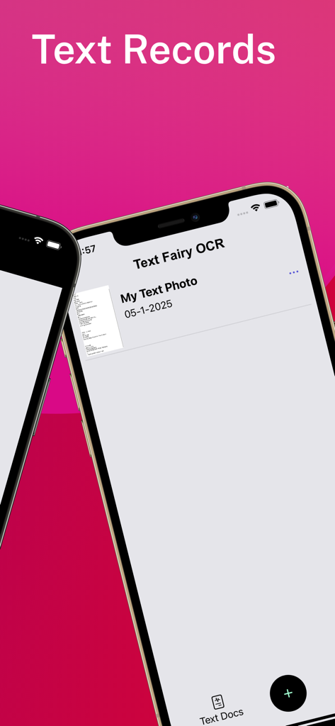 Text Fairy-Batch Image to Text - Text Fairy app interface displaying a list of saved OCR documents on an iPhone
