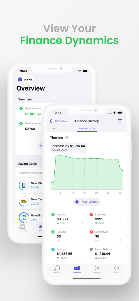 Deux écrans d'iPhone affichant l'aperçu financier de l'application SpendNotes avec des graphiques de solde et la progression des objectifs d'épargne.