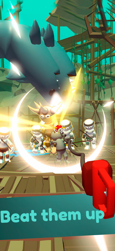 Crazy Gun Inventor gameplay showing a shark gun attacking cartoon enemies