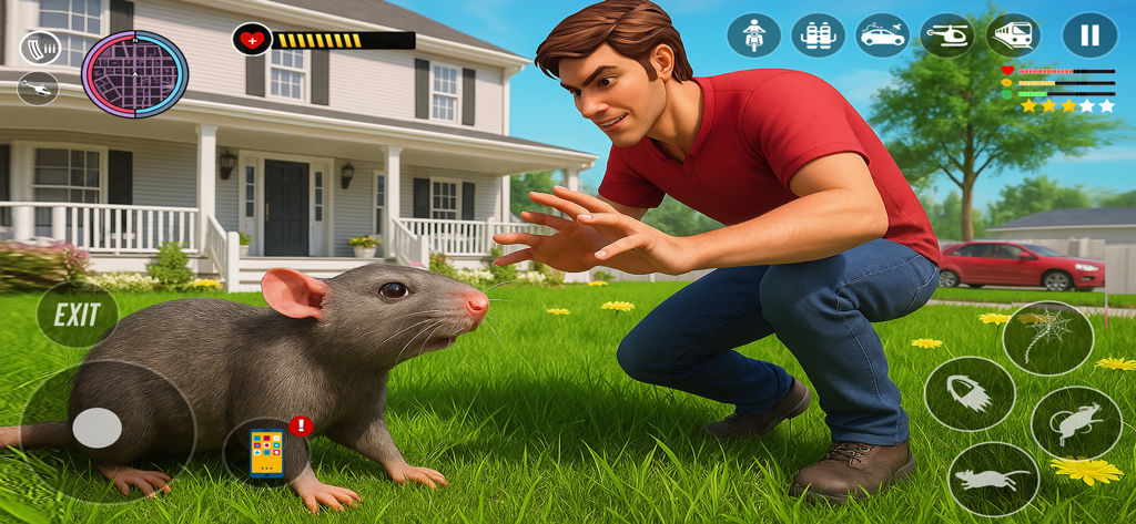 Rat Simulator: City Mafia - A giant rat facing a man in a suburban yard in the Rat Simulator City Mafia mobile game