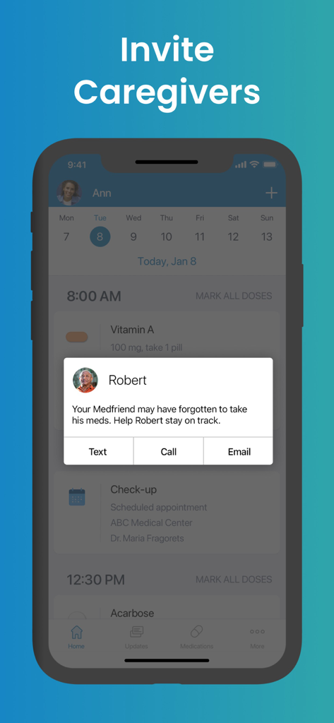 Medisafe Medication Management - Medisafe-App-Pflegekraft-Benachrichtigung zeigt eine Warnung für eine verpasste Medikamentendosis