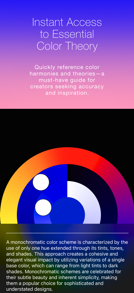 Color Wheel + Osmosi AI - 視覚的な図と説明的なテキストを使用して、単色のカラー配色を説明するカラーホイールアプリの画面。