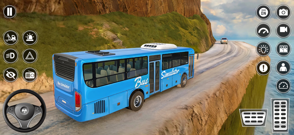 US Bus Simulator Coach Games - Un autocar azul conduciendo por una estrecha y pintoresca carretera al borde de un acantilado con controles de conducción en pantalla.