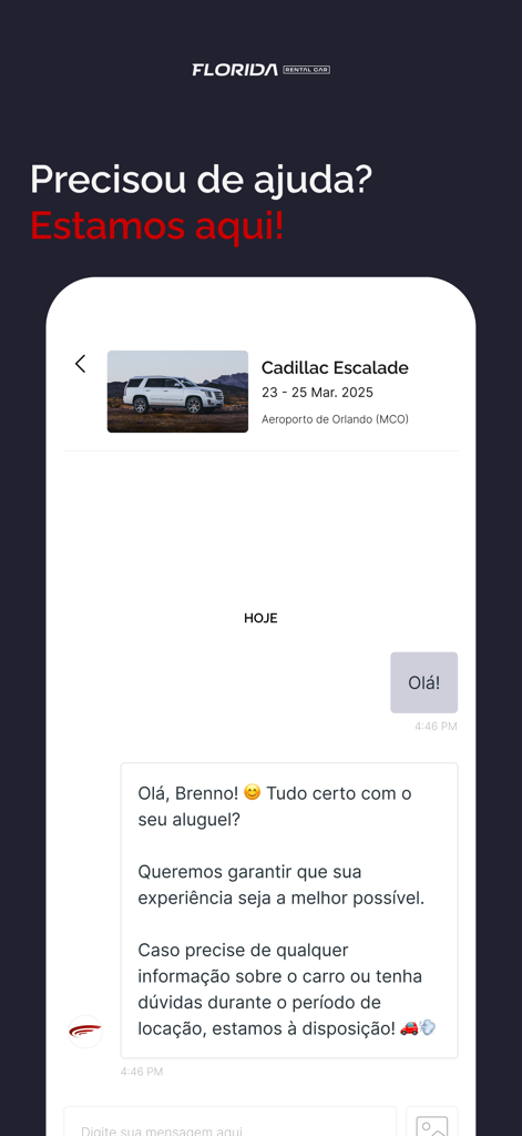 Interface de chat de suporte ao cliente personalizado no aplicativo Florida Rental Car mostrando detalhes do aluguel em português