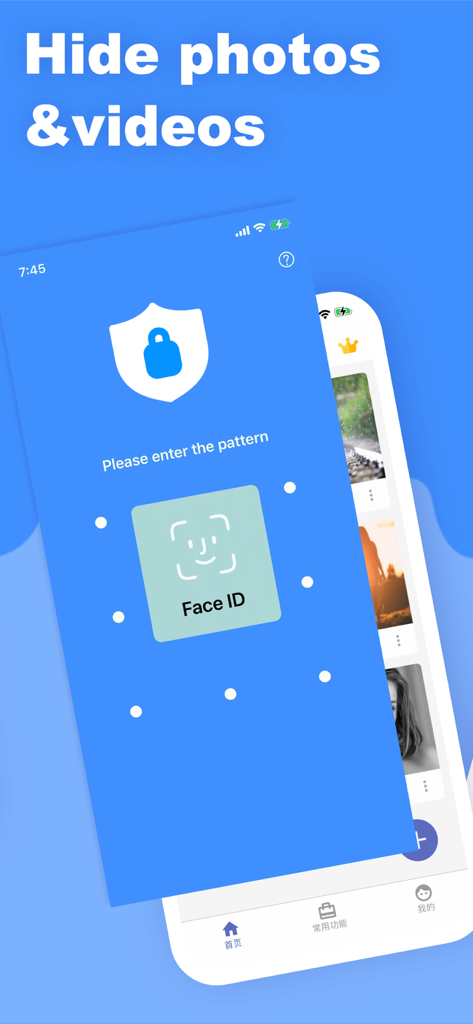 PhotoVault: Private Album - PhotoVault app interface showing Face ID authentication to unlock a private photo album
