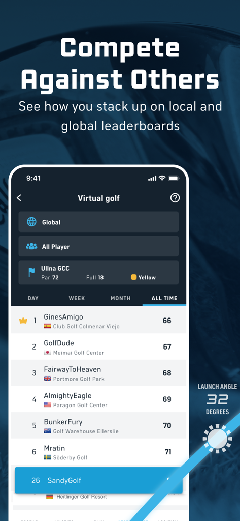 Toptracer Range - Uno schermo mobile che mostra la classifica globale del golf virtuale dell'app Toptracer Range con classifiche e nomi dei giocatori.