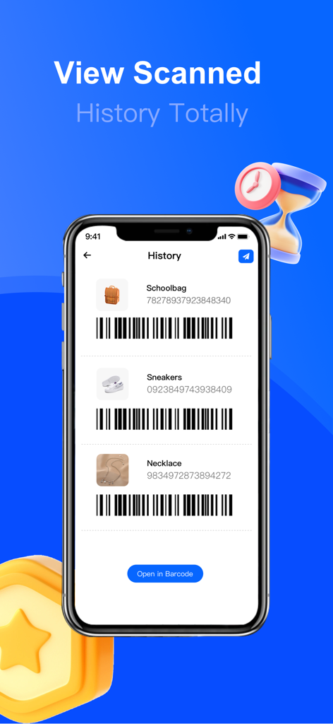 Screenshot of the QR Code Reader app showing a history list of scanned barcodes for items like a schoolbag and sneakers
