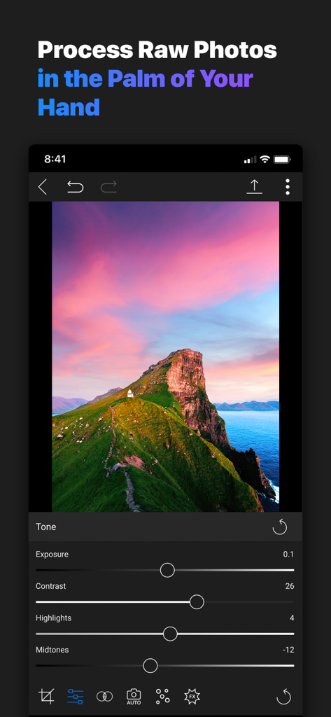 ON1 Photo RAW mobile app interface for processing RAW photos with tone adjustment sliders