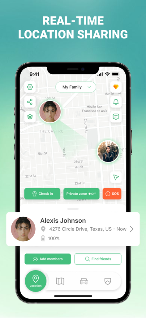 iLocator : Family Location - iLocatorアプリの画面。地図上でリアルタイムの家族の位置追跡とメンバーのステータスを表示