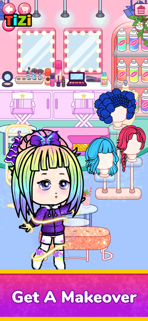 Doll Dress Up Games for Girls - 様々なウィッグがあるカラフルなヘア＆メイクサロンにいるちびキャラドール