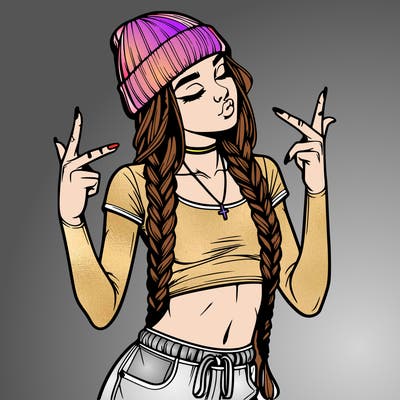 realistic teenage girl with braids and a beanie and crop top doing 🫶🏼