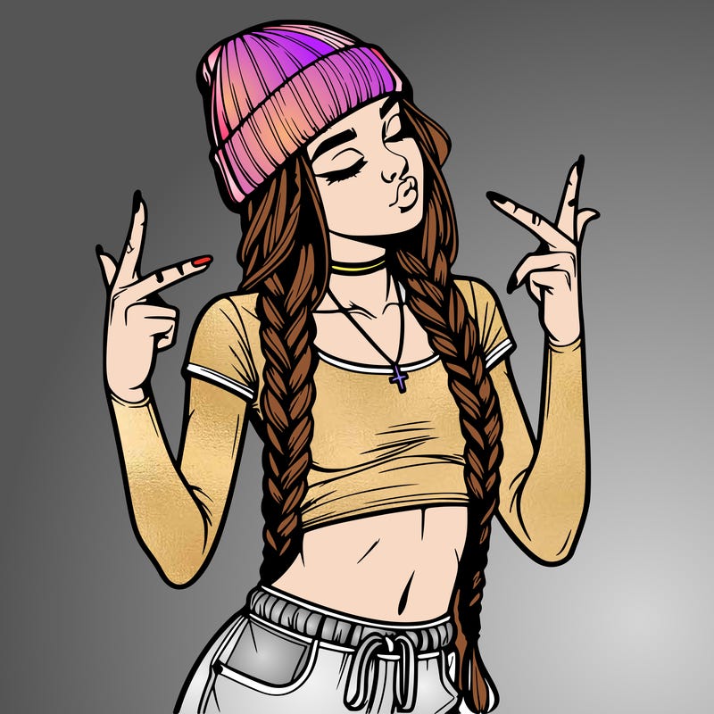 realistic teenage girl with braids and a beanie and crop top doing 🫶🏼