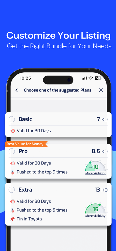 4Saleアプリのさまざまなリスティングプランと価格が表示されたモバイル画面