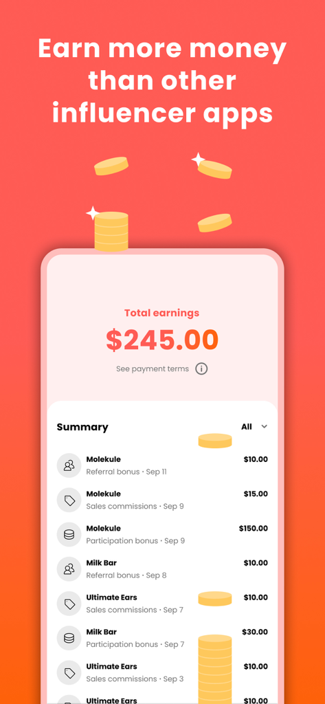 weSponsored Influencer App - A screenshot of the weSponsored app earnings dashboard showing a total of 245 dollars earned from various brand sponsorships and commissions.