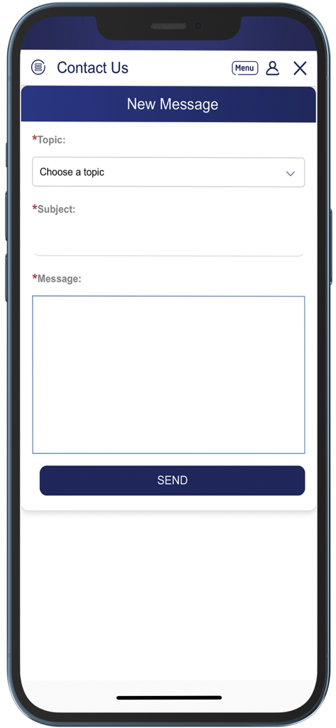 Atlantic Bank Mobile Banking - Pantalla de Contacto que muestra un formulario de nuevo mensaje en la aplicación móvil de Atlantic Bank.